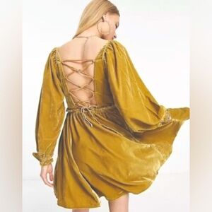 Free People Daphne Velvet Lace Up Mini Dress in ButterScotch Color Size Small